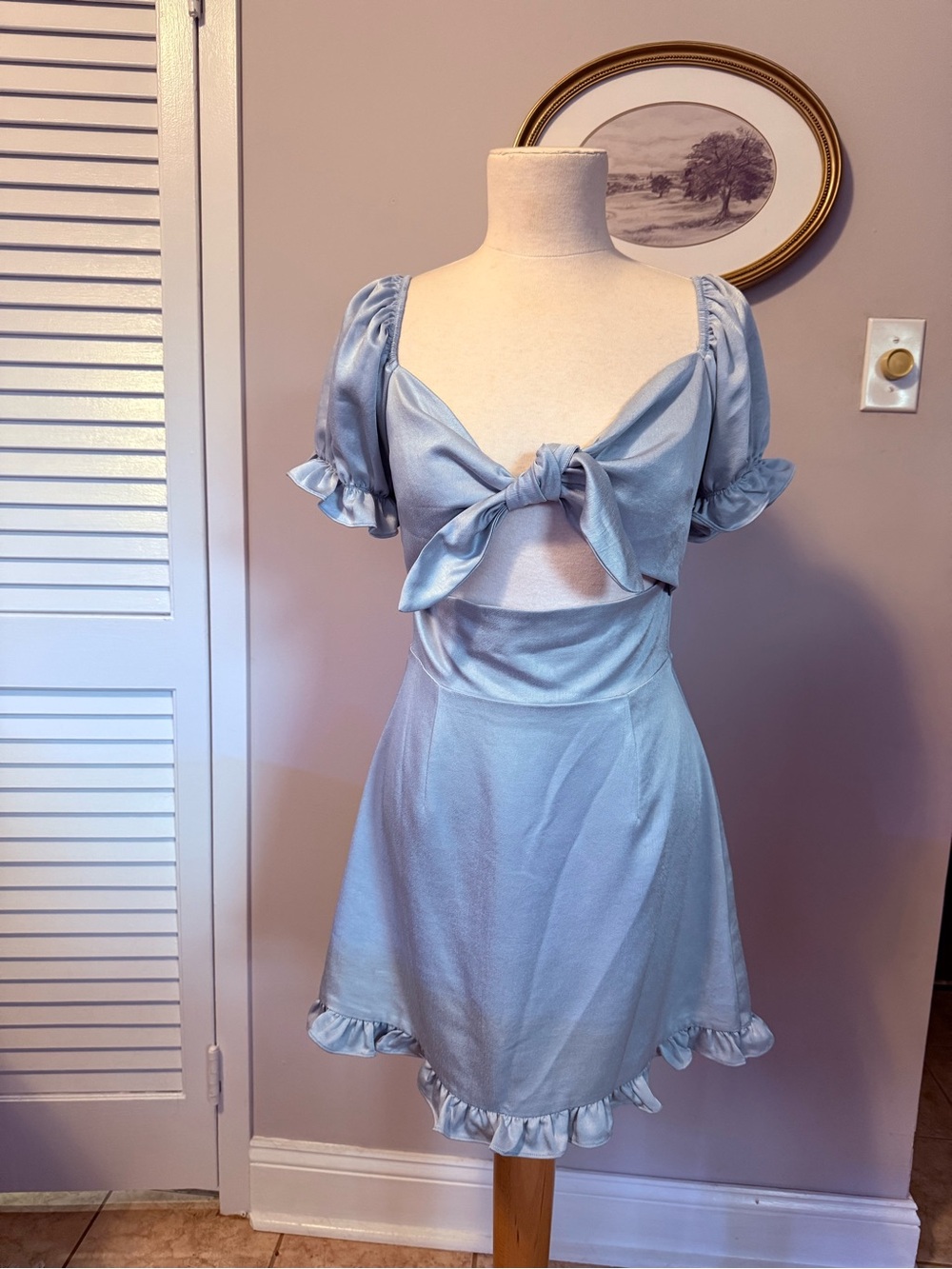 superdown Dusty Blue Satin Tie-Front Mini Dress